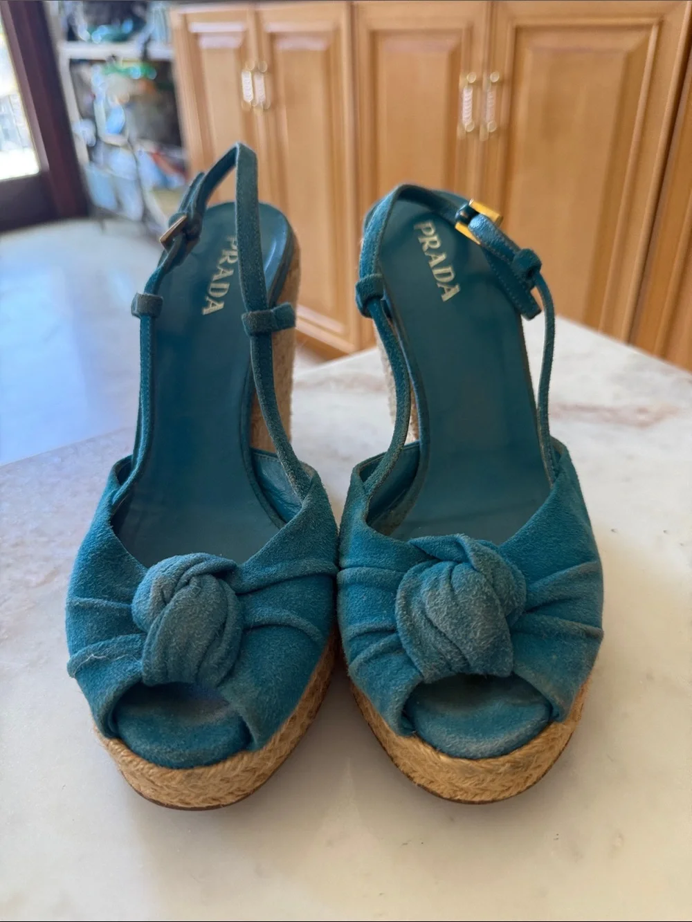 Prada Teal Suede Knot Espadrille Wedges